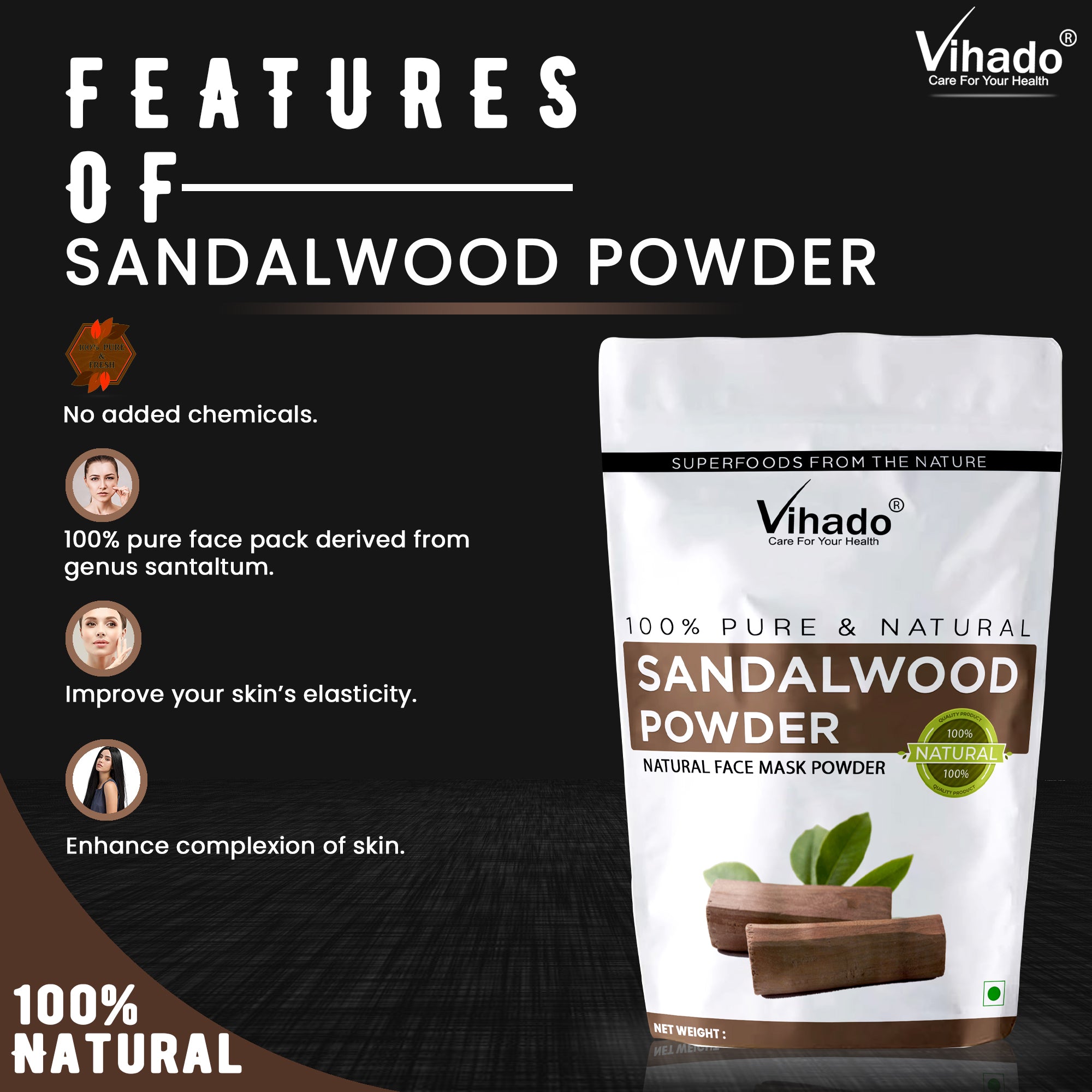 Vihado Sandalwood (Chandan) Powder for Face and Skin Care (100G-1KG)
