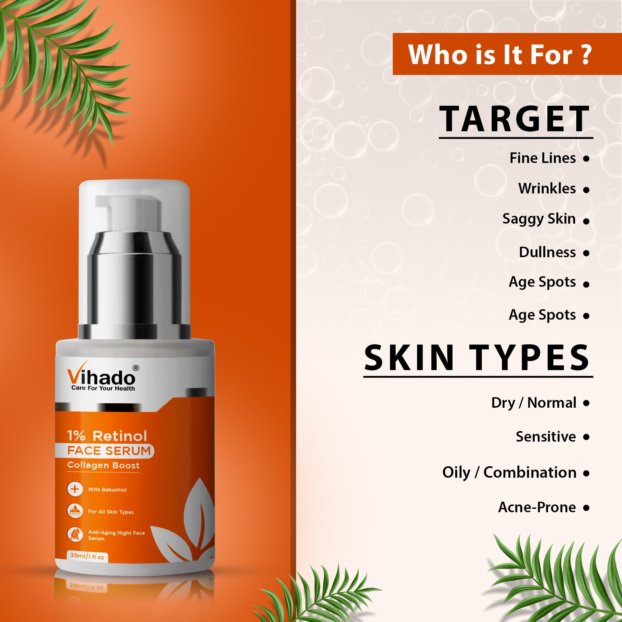 Vihado 1% Retinol With Collagen Boosts Face Serum, Reduces Fine Lines and Wrinkles (30ml)