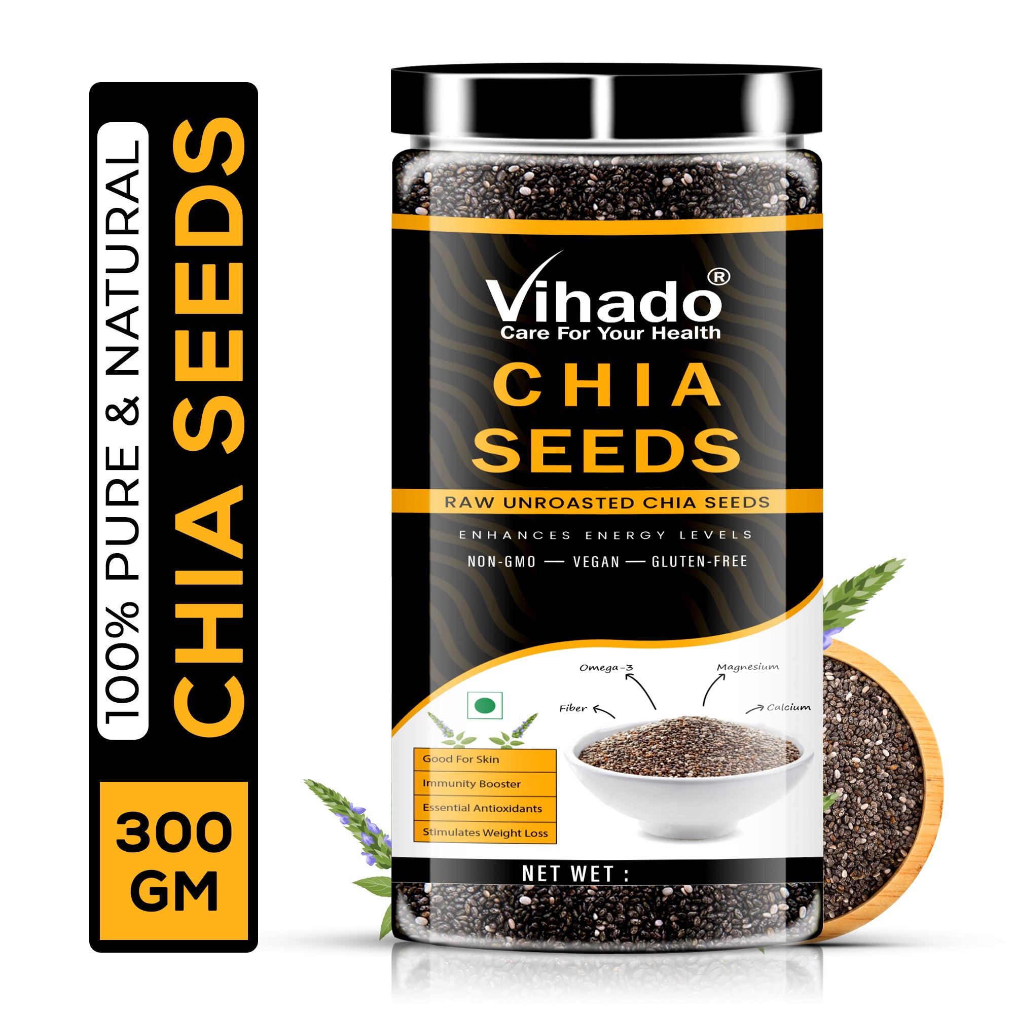 Vihado Raw Chia Seeds, High in Protein and Rich Fiber Plastic Bottle (200G-500G)