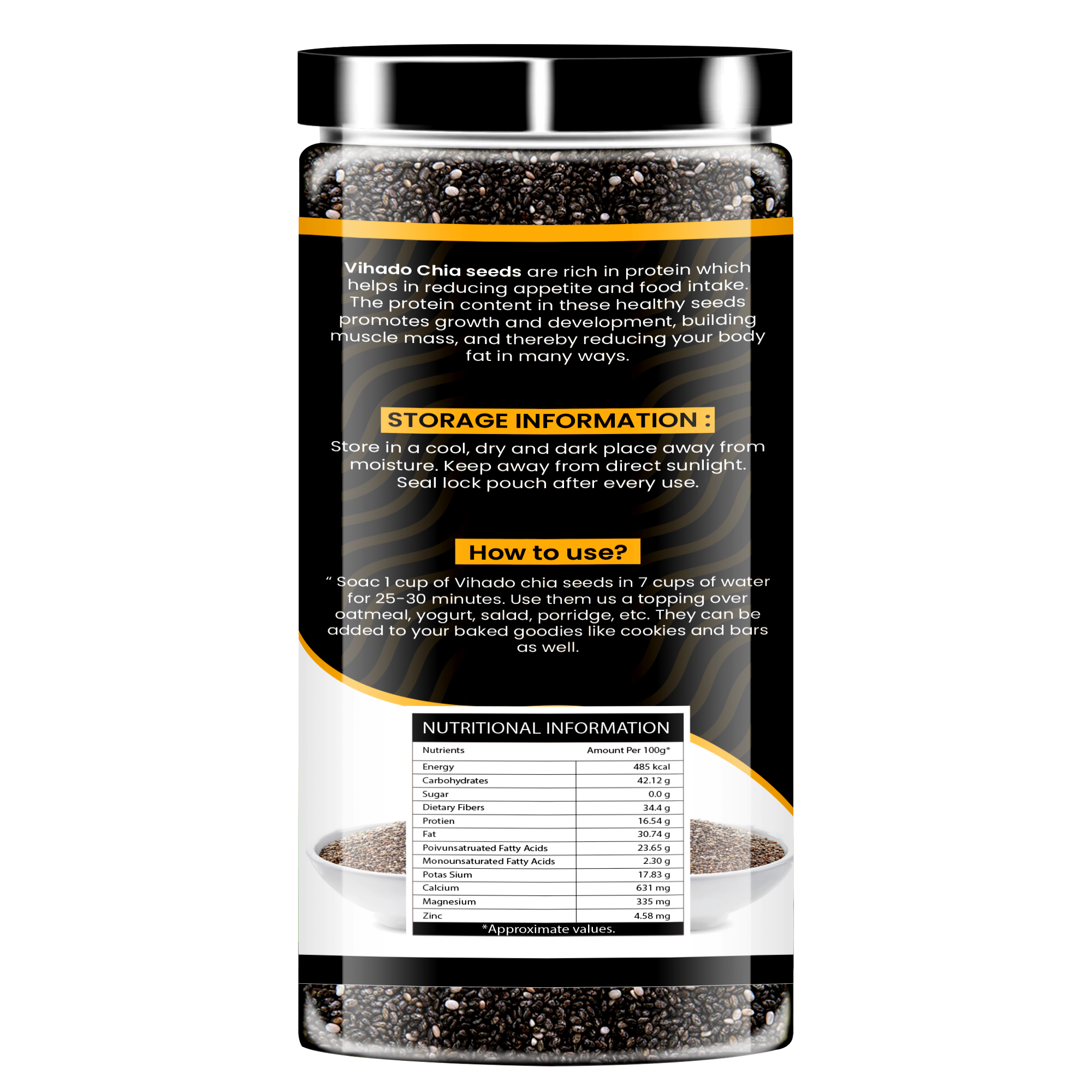 Vihado Raw Chia Seeds, High in Protein and Rich Fiber Plastic Bottle (200G-500G)