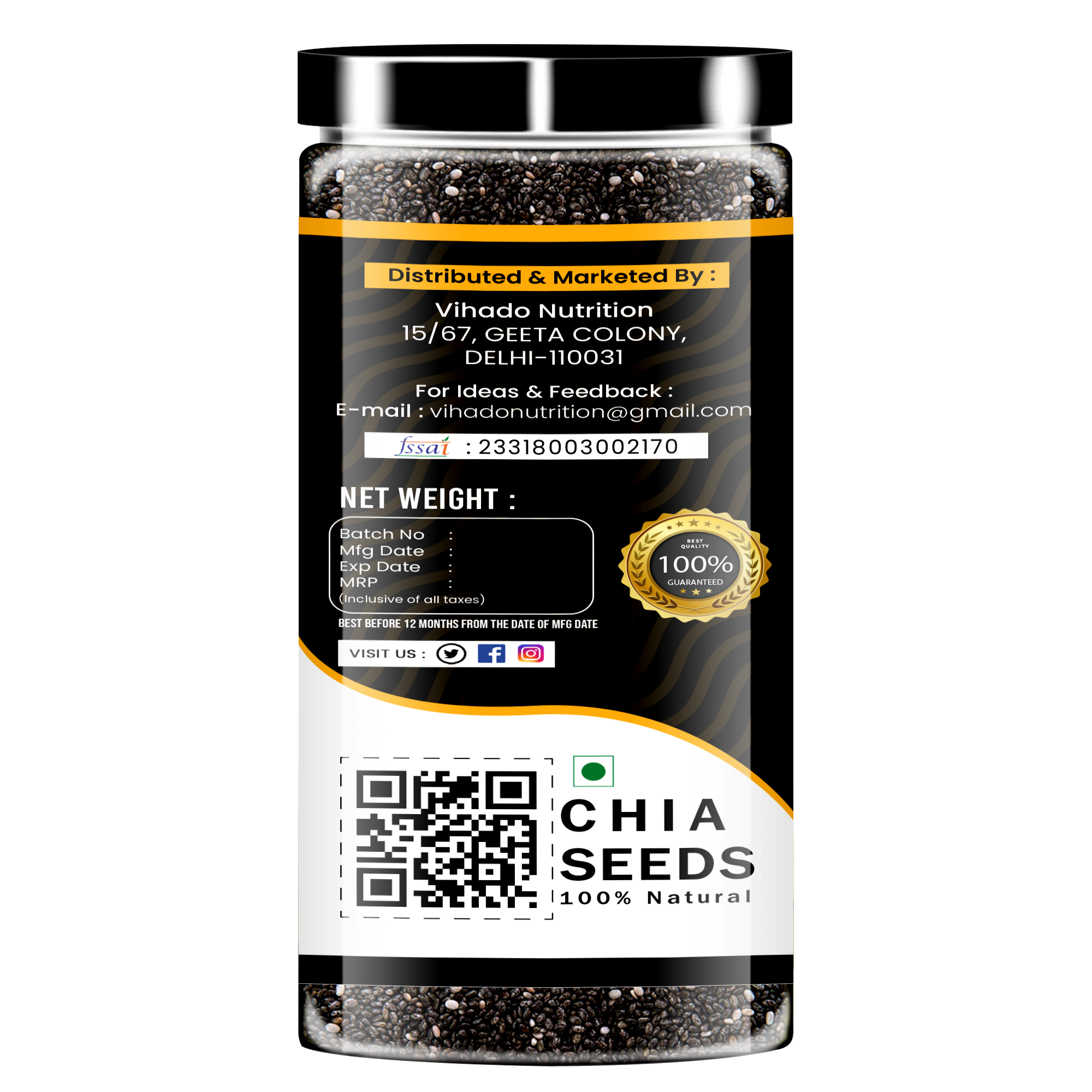 Vihado Raw Chia Seeds, High in Protein and Rich Fiber Plastic Bottle (200G-500G)